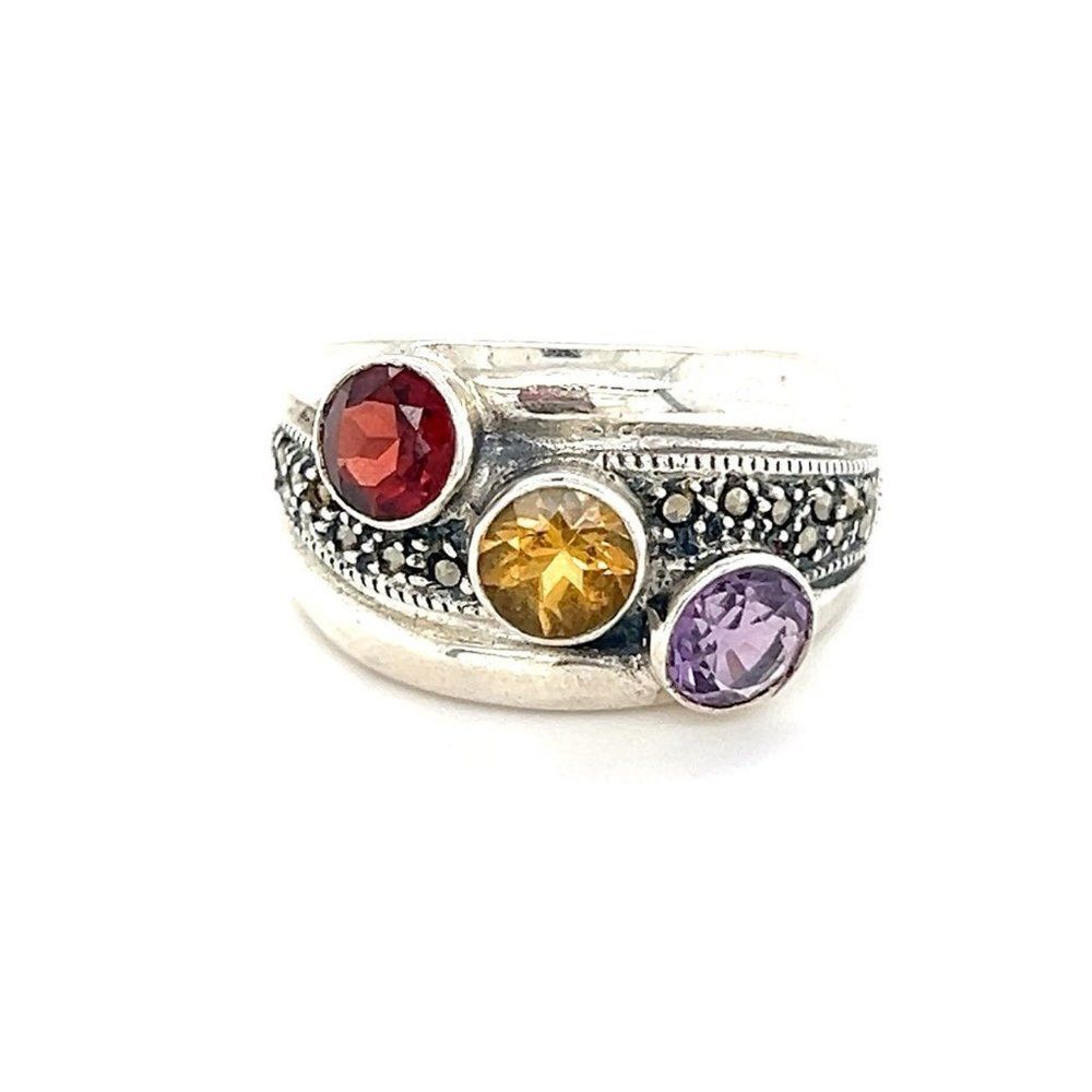 ‎Sterling 3-Gemstones/Marcasites Ring